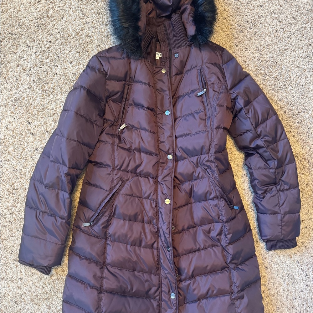 DKNY Chocolate Puffer Coat with Faux Fur Trim